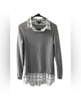 Adrianna Papell 2-in-1 Layered Look Sweater - Grey & Windowpane Plaid - Small